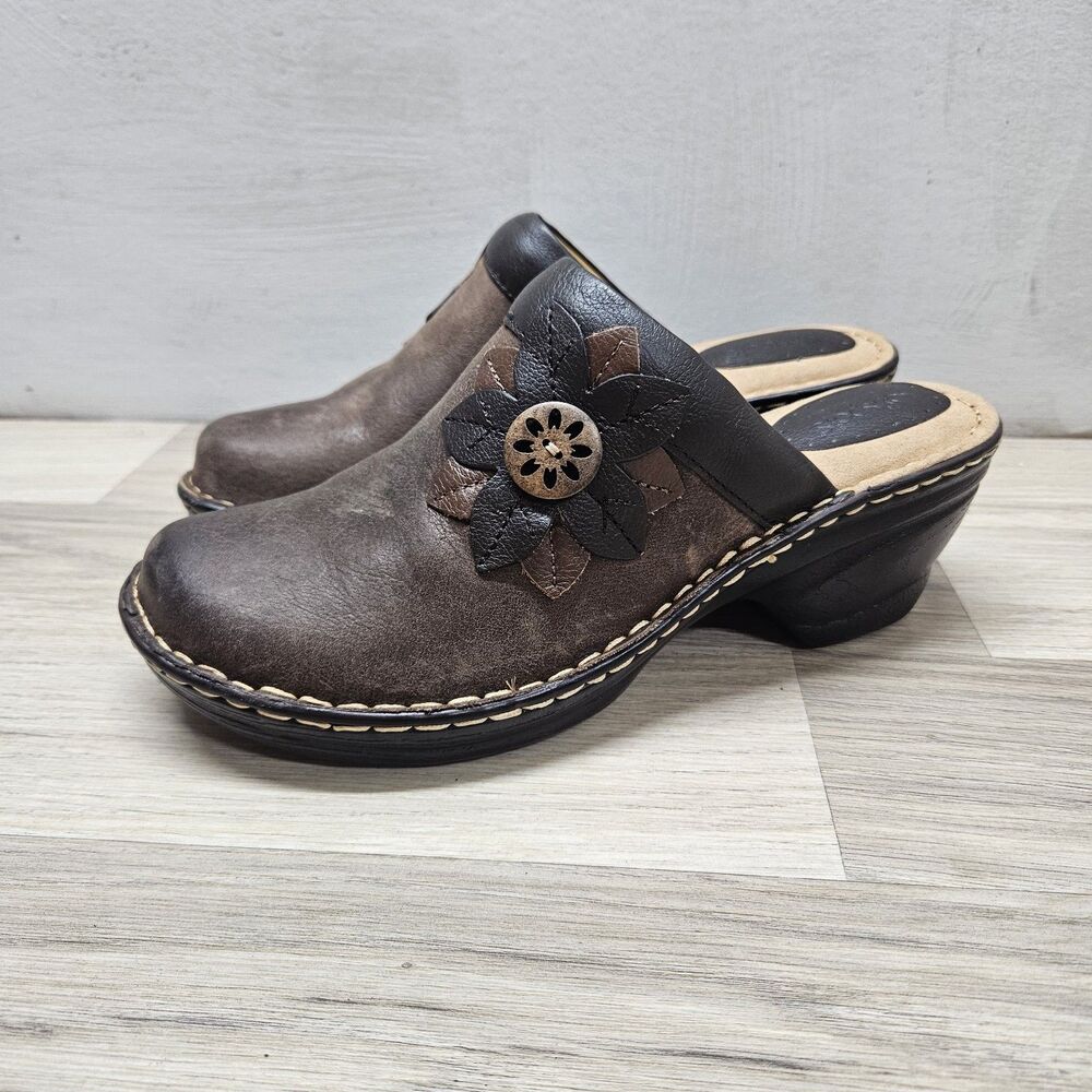 Softspots Womens Brown Leather Clogs Size 9.5 Slip On Platform Flower Neutral